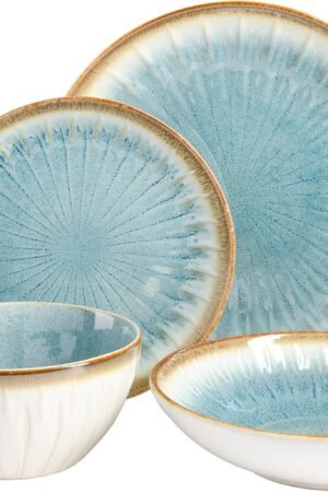 Embossed Double Bowl Dinnerware Set, Service for 4 (16pcs), Blue