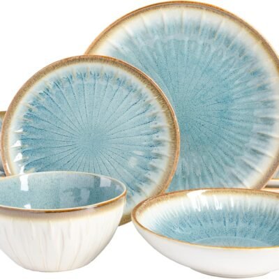 Embossed Double Bowl Dinnerware Set, Service for 4 (16pcs), Blue
