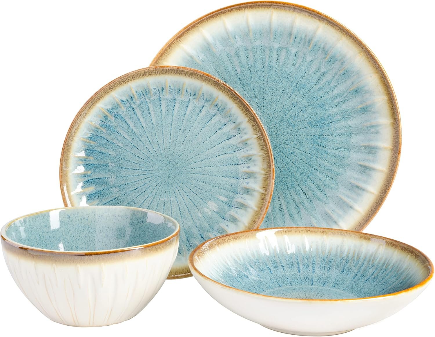 Embossed Double Bowl Dinnerware Set, Service for 4 (16pcs), Blue - Image 2