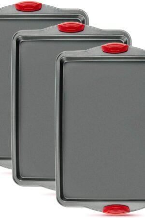 Premium Nonstick Baking Sheet Pans – Set of 3, Heavy-Gauge Carbon Steel, Warp, Dent, and Rust-Resistant – Gourmet Rimmed Half Cookie Sheet Trays, Non-Toxic for Exceptional Baking Performance