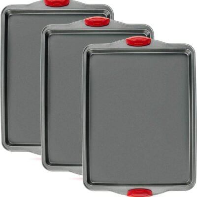 Premium Nonstick Baking Sheet Pans – Set of 3, Heavy-Gauge Carbon Steel, Warp, Dent, and Rust-Resistant – Gourmet Rimmed Half Cookie Sheet Trays, Non-Toxic for Exceptional Baking Performance