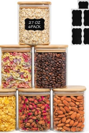 27 oz Glass Food Storage Jars Set of 6, Clear Storage Containers with Airtight Lids, Pantry Organization Jar, Spice Jar, Blooming Tea, Oat, Coffee and Sugar Container, Canister Set for Kitchen