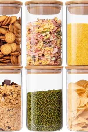 Glass Food Storage Jars 37 oz Set of 6,Glass Storage Containers Clear Glass Food Canister with Bamboo Lid Airtight For Serving Tea, Coffee, Flour, Sugar, Candy, Cookie, Spice and More (Square)