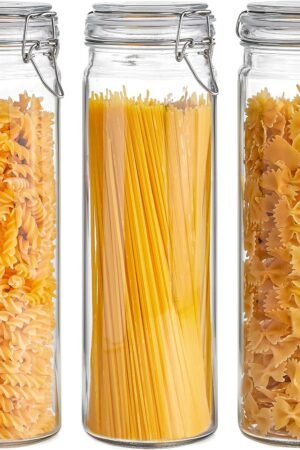 60oz Airtight Glass Jars Set of 3 with Lids Food Storage Jar Round - Tall Spaghetti Container with Clear Preserving Seal Wire Clip Fastening, Pasta jar for Kitchen Canning, Nut,Oat, Dry Goods