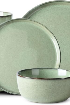 Ceramic Dinnerware Sets for 6, 18 Pieces Stoneware Plates and Bowls Sets, Scratch Resistant Dishes, Dishwasher & Microwave Safe-Pastel Green