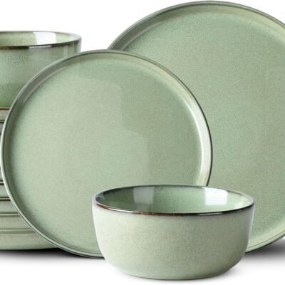 Ceramic Dinnerware Sets for 6, 18 Pieces Stoneware Plates and Bowls Sets, Scratch Resistant Dishes, Dishwasher & Microwave Safe-Pastel Green
