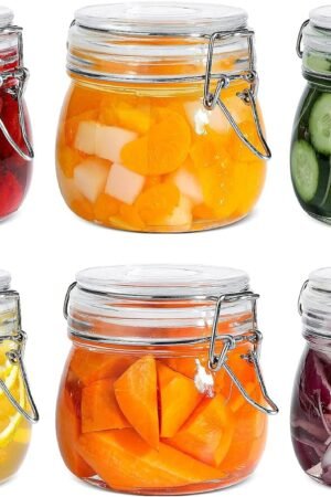 Airtight Glass Canister Set of 6 with Lids 17oz Food Storage Jar Round - Storage Container with Clear Preserving Seal Wire Clip Fastening for Kitchen Canning Cereal,Pasta,Sugar,Beans,Spice