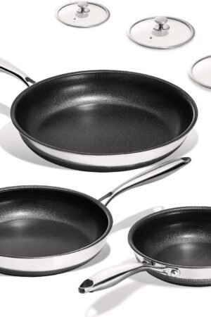 Non Stick Frying Pans Set - 3 Piece (8, 10, 12") Titanium Ceramic Pan with Lids, Nonstick Skillet Stainless Steel, PFAS PFOA & PTFE Free, Dishwasher & Oven Safe, All Cooktops Compatible