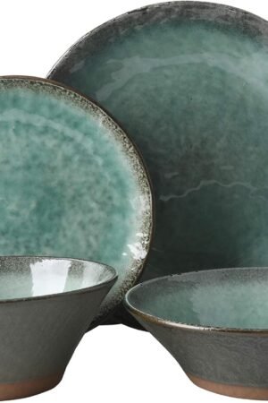 Service for 4 (16 Piece) Double Bowl Dinnerware Set, Teal, Soft Gray, Dinnerware Set
