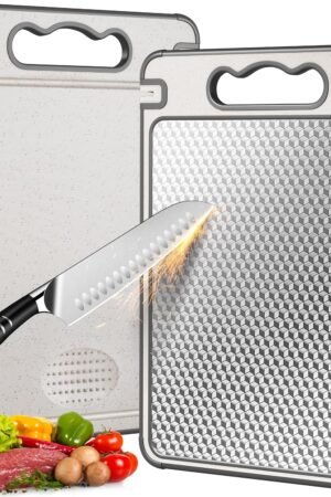 Double Sided 304 Stainless Steel & Wheat Straw Cutting Board, 14.4"*9.8" Non Toxic Choing Board, Separately Handle Meat and Vegetables, Dishwasher Safe, Scratch Resistant Mesh Design
