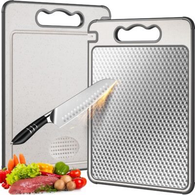 Double Sided 304 Stainless Steel & Wheat Straw Cutting Board, 14.4"*9.8" Non Toxic Choing Board, Separately Handle Meat and Vegetables, Dishwasher Safe, Scratch Resistant Mesh Design