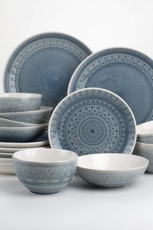 16 Piece Double Bowl Stoneware Mandala Pattern Design Dinnerware Set, Service for 4, Grey