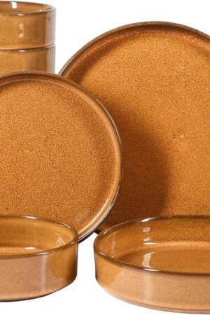 Oprah's Favorite Things - Santorini Mist Double Bowl Terracotta Reactive Glaze Plates and Bowls Dinnerware Set - Amber, Service for Four (16pcs)