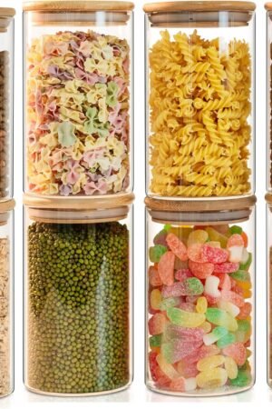 Glass Food Storage Jars Set of 8,26oz-Glass Storage Containers Clear Glass Food Canister with Bamboo Lid Airtight For Serving Tea, Coffee, Flour,Candy, Cookie, Spice(Round-8CMx15CM)