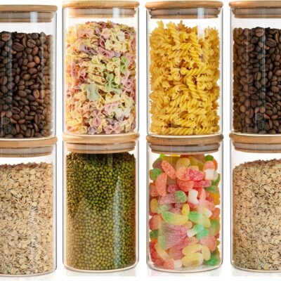 Glass Food Storage Jars Set of 8,26oz-Glass Storage Containers Clear Glass Food Canister with Bamboo Lid Airtight For Serving Tea, Coffee, Flour,Candy, Cookie, Spice(Round-8CMx15CM)