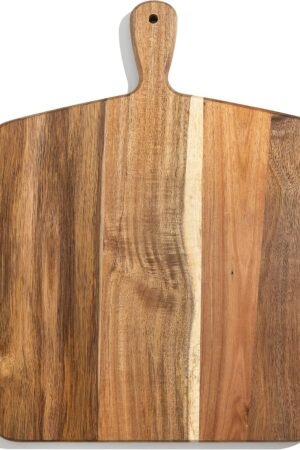 Acacia Wood Cutting Board and Chopping Board with Handle for Meat, Cheese Board, Vegetables, Bread, and Charcuterie - Decorative Wooden Serving Board for Kitchen and Dining Room, Large 17” x 13”