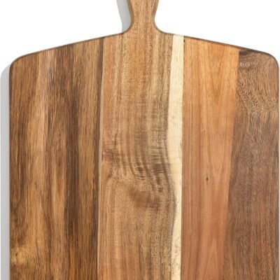Acacia Wood Cutting Board and Chopping Board with Handle for Meat, Cheese Board, Vegetables, Bread, and Charcuterie - Decorative Wooden Serving Board for Kitchen and Dining Room, Large 17” x 13”