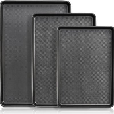 Baking Sheet Pan Set, Nonstick Cookie Sheet for Oven, Carbon Steel Half, Jerry Roll Pan with Diamond Texture Pattern, Heavy Duty Baking Tray, Set of 3