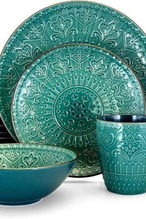 Round Stoneware Embossed Dinnerware Dish Set, 16 Piece, Ocean Teal and Green