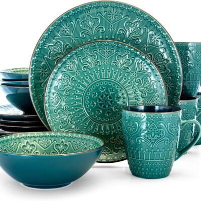Round Stoneware Embossed Dinnerware Dish Set, 16 Piece, Ocean Teal and Green